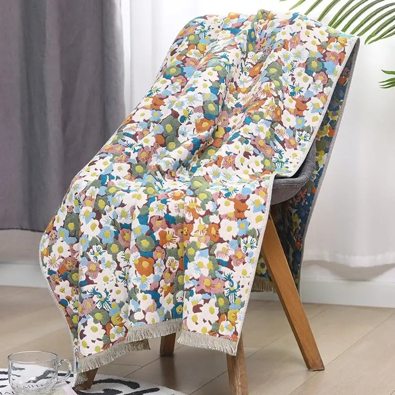 Country flowers cotton floral knit throw blanket bedroom fringe decor
