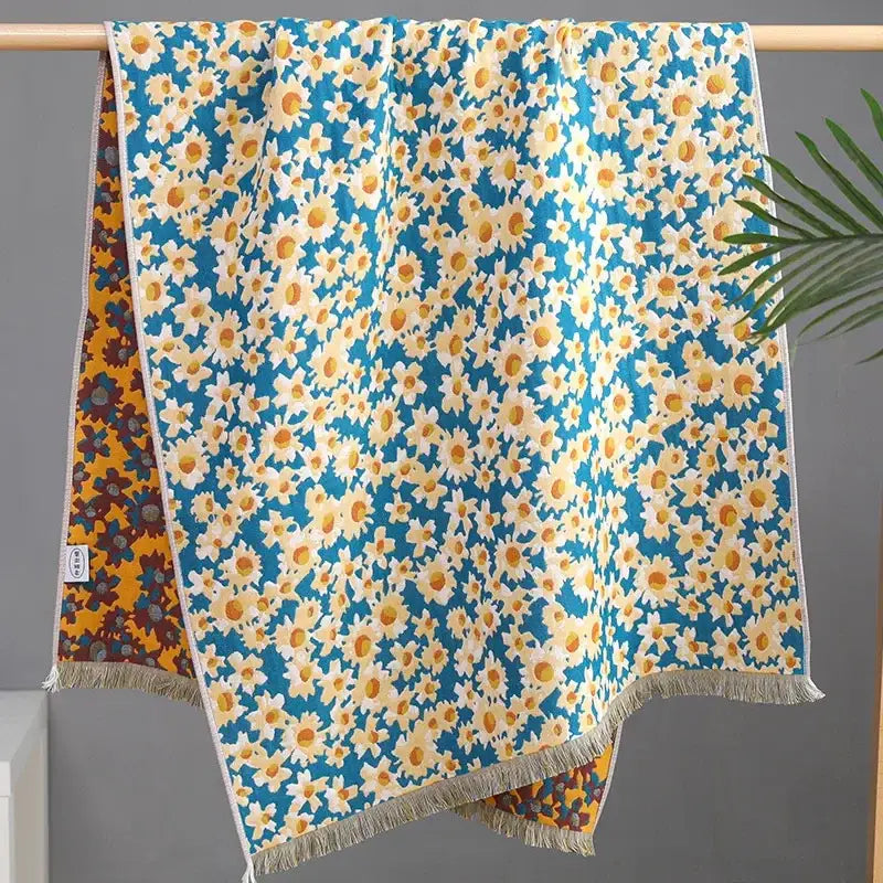 Country flowers cotton floral knit throw blanket bedroom fringe decor