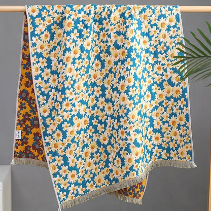 Country flowers cotton floral knit throw blanket bedroom fringe decor