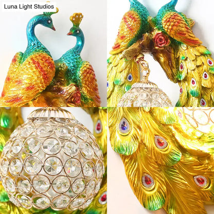 Country gold peacock wall sconce – bedroom crystal light