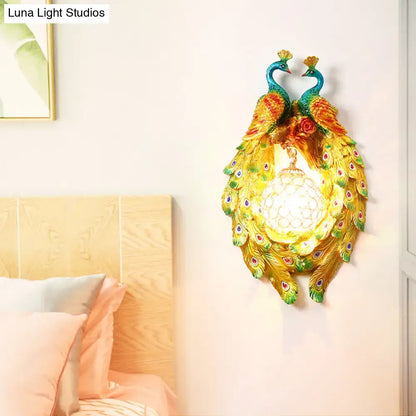 Country gold peacock wall sconce – bedroom crystal light