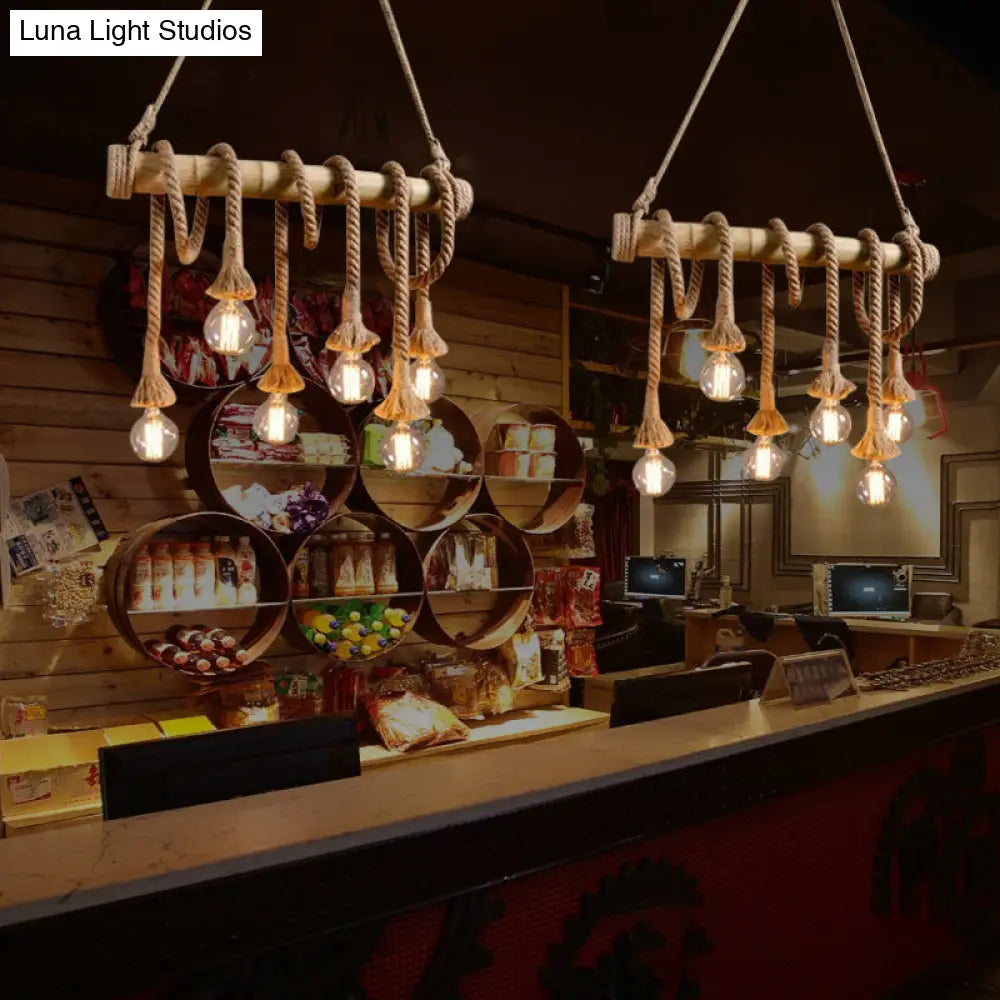 DecorBites™ Country Hemp Rope Pendant Lighting with Bamboo Stick - 6 Bulbs, Brown Finish