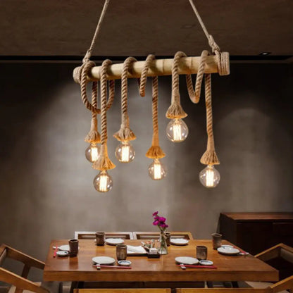 DecorBites™ Country Hemp Rope Pendant Lighting with Bamboo Stick - 6 Bulbs, Brown Finish