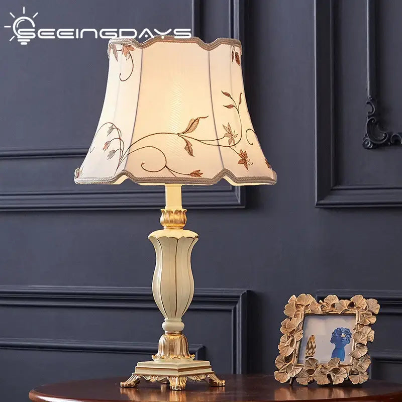 Country pastoral desk lamp cream & gold floral bedroom light