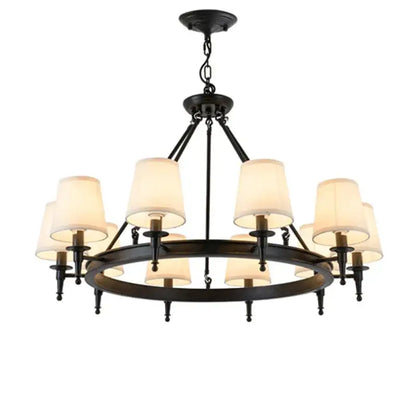 Country retro chandelier bronze pendant light dining room fabric shades