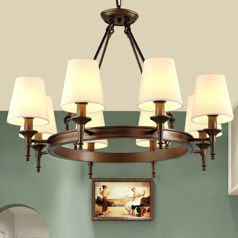 Country retro chandelier bronze pendant light dining room fabric shades