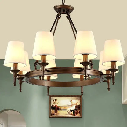 Country retro chandelier bronze pendant light dining room fabric shades