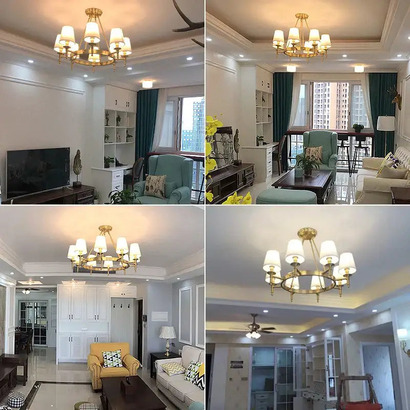 Country retro chandelier bronze pendant light dining room fabric shades