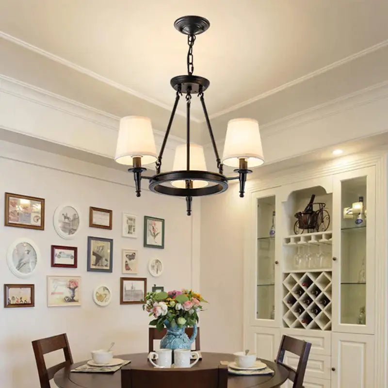 Country retro chandelier bronze pendant light dining room fabric shades