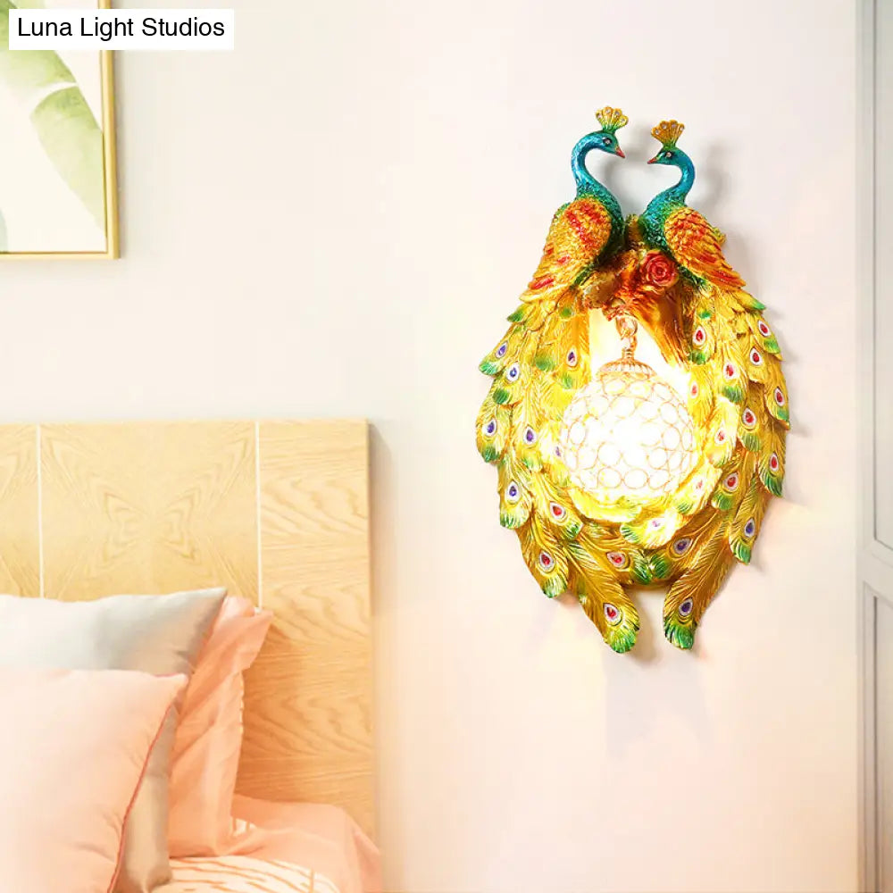 DecorBites™ Country Style Peacock Wall Sconce with Crystal Shade for Bedroom - Yellow Resin 1-Light Lamp