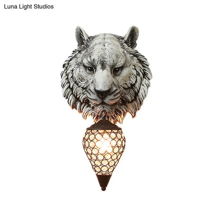 DecorBites™ Country Style Tiger Sconce Wall Lamp for Children's Room - Yellow/Gray Resin with Clear Crystal Shade and 1 Bulb