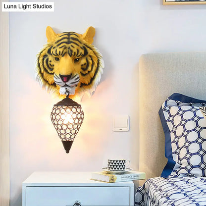 DecorBites™ Country Style Tiger Sconce Wall Lamp for Children's Room - Yellow/Gray Resin with Clear Crystal Shade and 1 Bulb