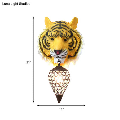 DecorBites™ Country Style Tiger Sconce Wall Lamp for Children's Room - Yellow/Gray Resin with Clear Crystal Shade and 1 Bulb