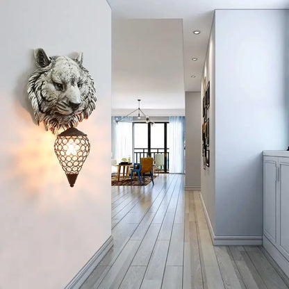 Country tiger head wall sconce bedroom light with clear crystal shade