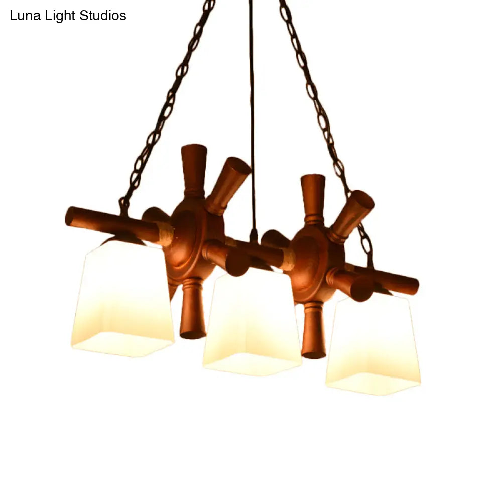 DecorBites™ Countryside Island Pendant Light with Wooden Rudder Deco - White Glass & Brown Trapezoid Style, 3 Bulbs