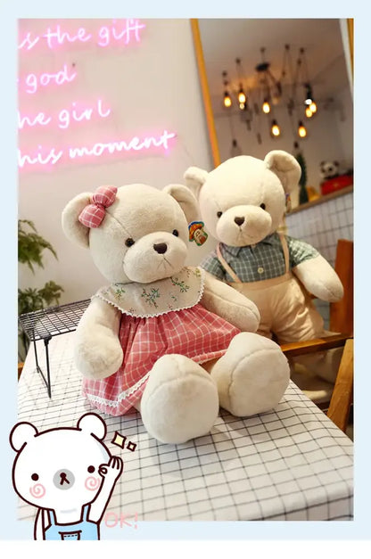 Cream plaid couple bear plush toy bedroom gift decor