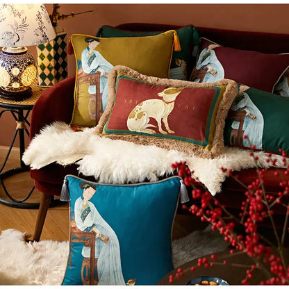 Court puppy print fringed pillow cover living room decor