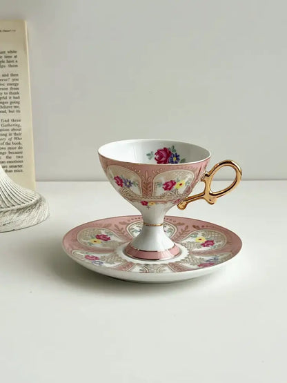 Court style floral porcelain cup set with gold handle dining room