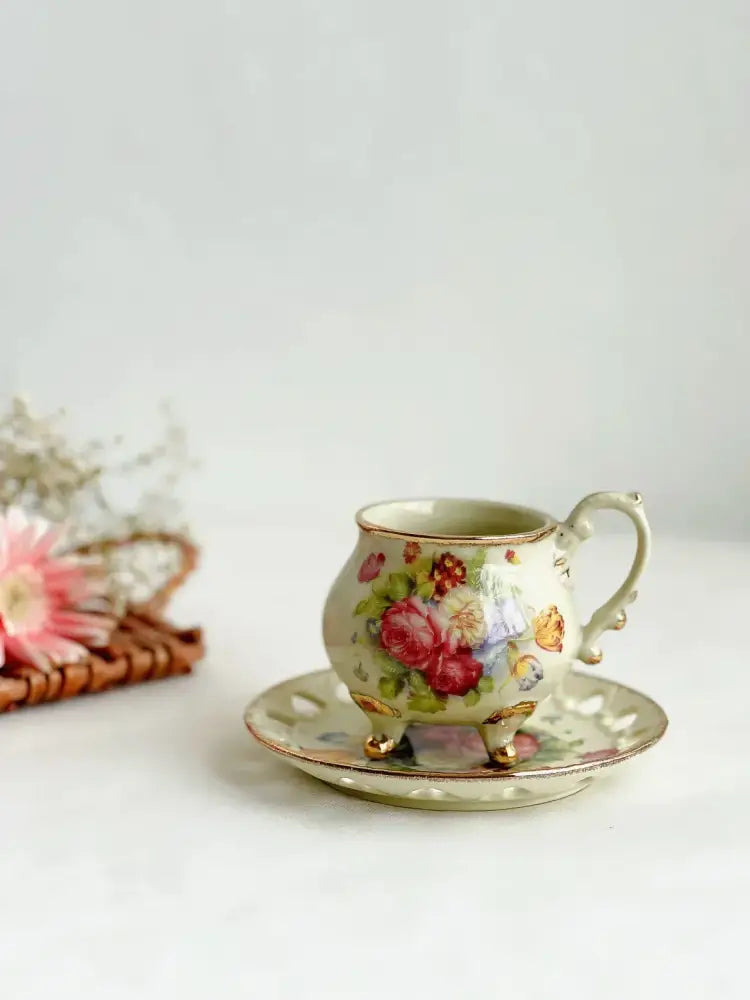 Court style floral porcelain cup set with gold handle dining room