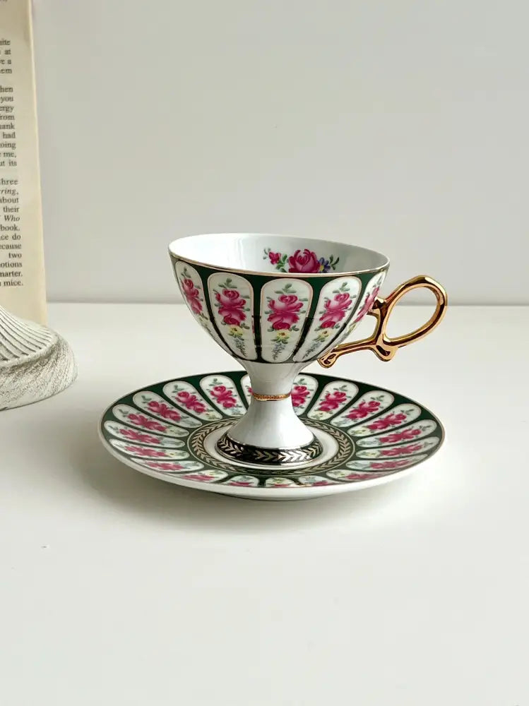 Court style floral porcelain cup set with gold handle dining room