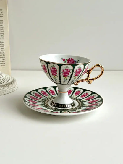 Court style floral porcelain cup set with gold handle dining room