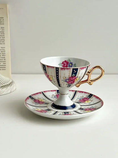 Court style floral porcelain cup set with gold handle dining room