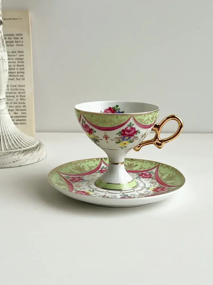 Court style floral porcelain cup set with gold handle dining room