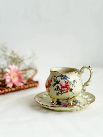Court style floral porcelain cup set with gold handle dining room