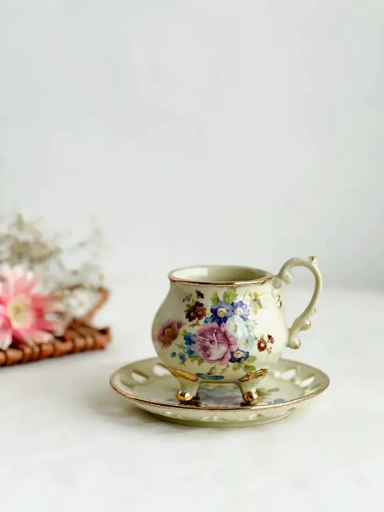 Court style floral porcelain cup set with gold handle dining room