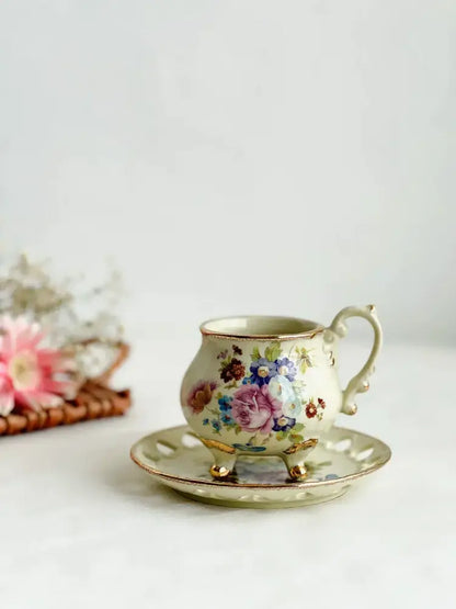 Court style floral porcelain cup set with gold handle dining room