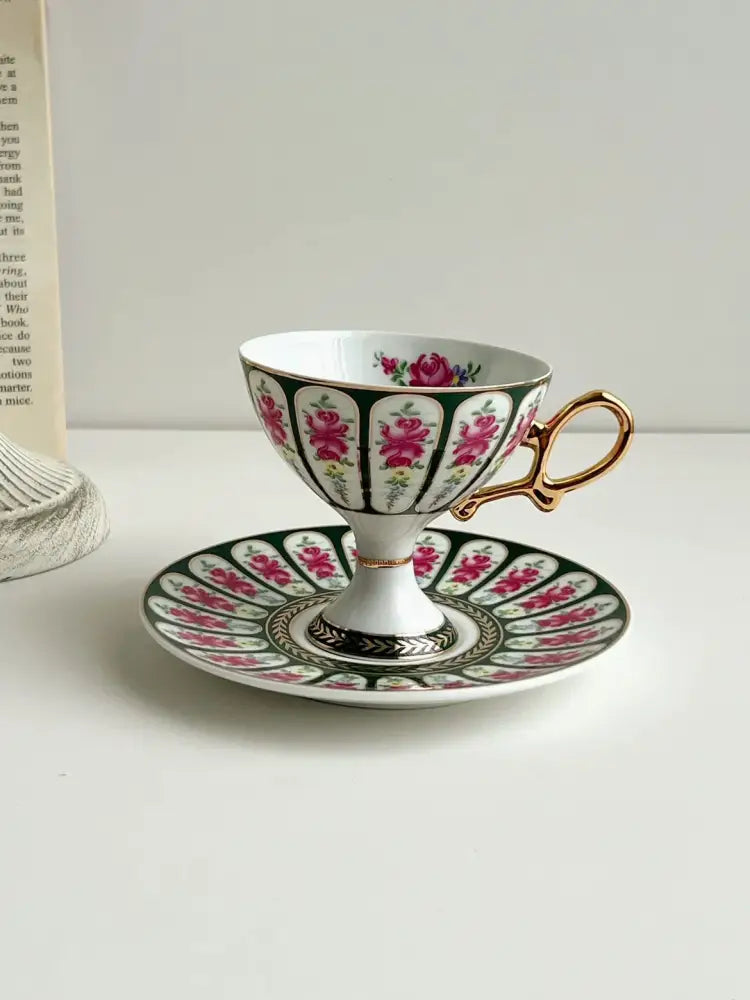 Court style floral porcelain cup set with gold handle dining room