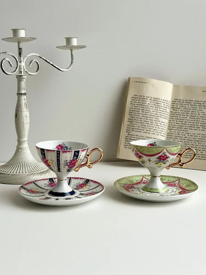 Court style floral porcelain cup set with gold handle dining room
