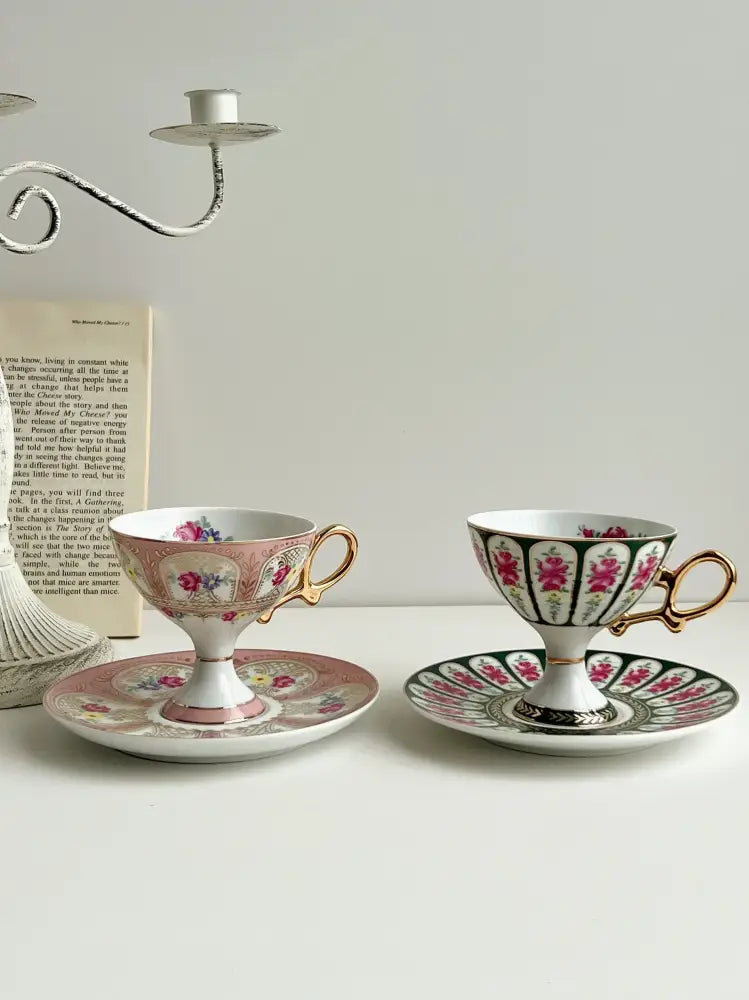 Court style floral porcelain cup set with gold handle dining room