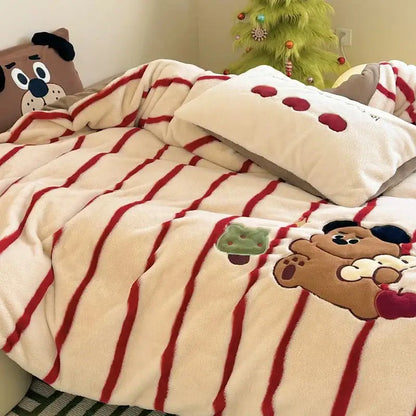 Cozy autumn winter cream & red bear fleece duvet set bedroom decor