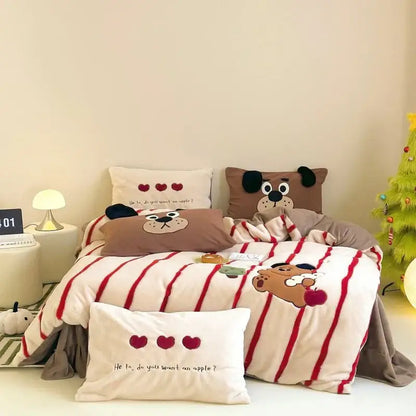 Cozy autumn winter cream & red bear fleece duvet set bedroom decor