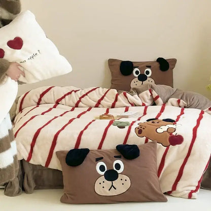 Cozy autumn winter cream & red bear fleece duvet set bedroom decor