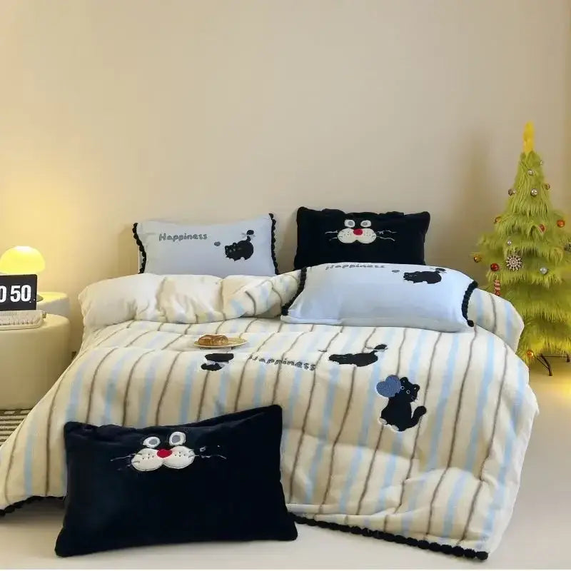 Cozy autumn winter cream & red bear fleece duvet set bedroom decor