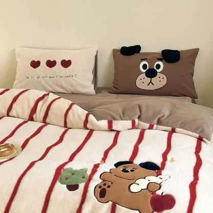 Cozy autumn winter cream & red bear fleece duvet set bedroom decor