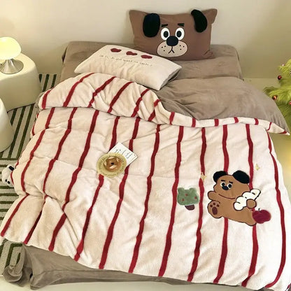 Cozy autumn winter cream & red bear fleece duvet set bedroom decor