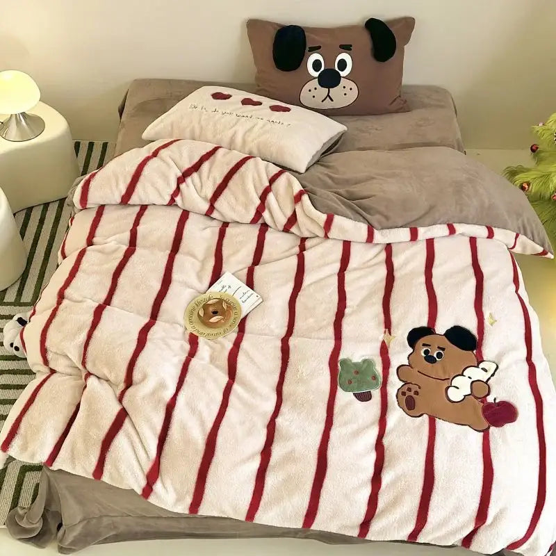 Cozy autumn winter cream & red bear fleece duvet set bedroom decor