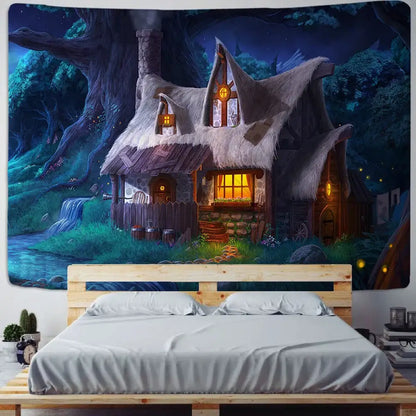 Cozy cabin in the woods wall hanging tapestry for bedroom decor