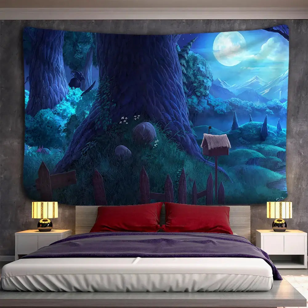 Cozy cabin in the woods wall hanging tapestry for bedroom decor