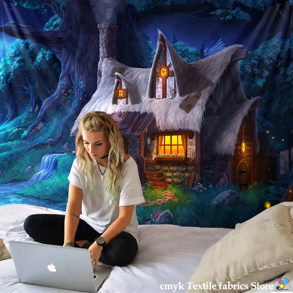 Cozy cabin in the woods wall hanging tapestry for bedroom decor