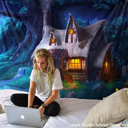 Cozy cabin in the woods wall hanging tapestry for bedroom decor