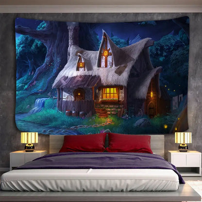 Cozy cabin in the woods wall hanging tapestry for bedroom decor