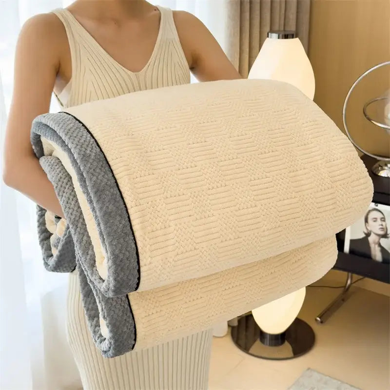 Cozy carved velvet cream & gray quilted blanket bedroom throw
