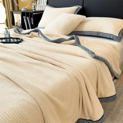 Cozy carved velvet cream & gray quilted blanket bedroom throw