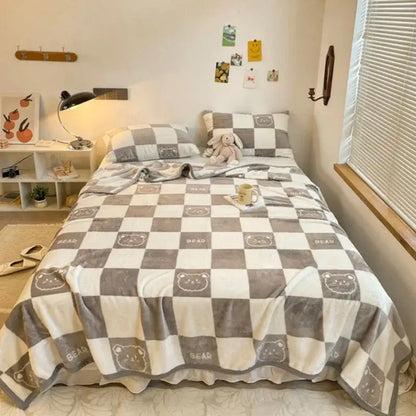 Cozy checkered fleece blanket gray & white bear bedroom throw