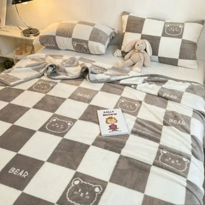 Cozy checkered fleece blanket gray & white bear bedroom throw