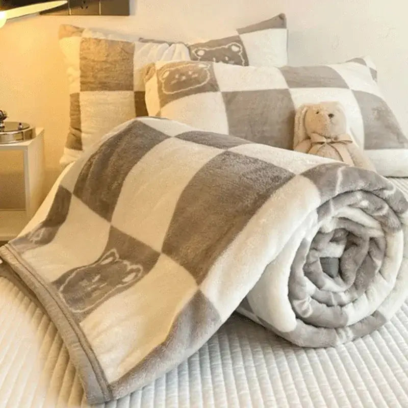 Cozy checkered fleece blanket gray & white bear bedroom throw
